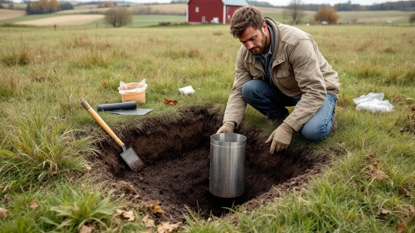 Hands lift a short steel cylinder of intact soil from a shallow pit dug into a pasture, with layered dark topsoil visible in the pit wall.