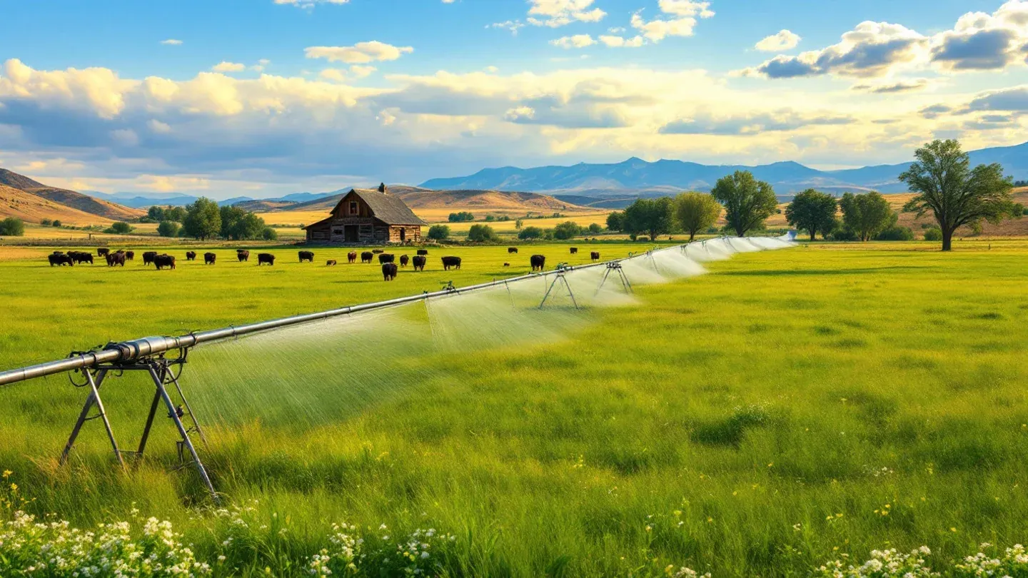 A wheel-line sprinkler waters a green irrigated pasture where beef cows graze below dry foothills in summer.