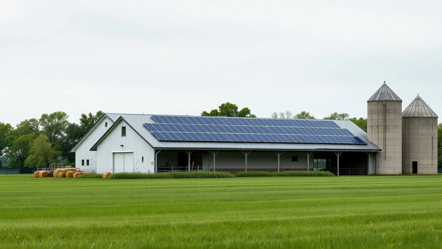 Rows of rooftop solar panels cover the south-facing metal roof of a dairy barn beside a green hayfield in summer.