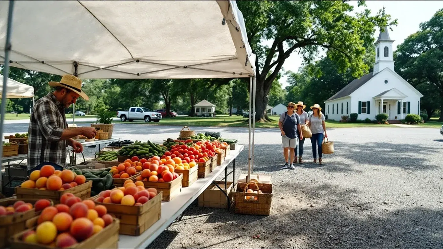 A vendor seen from the side arranges bushel baskets of peaches and tomatoes on a folding table in the shade of a plain canopy at a small-town market.