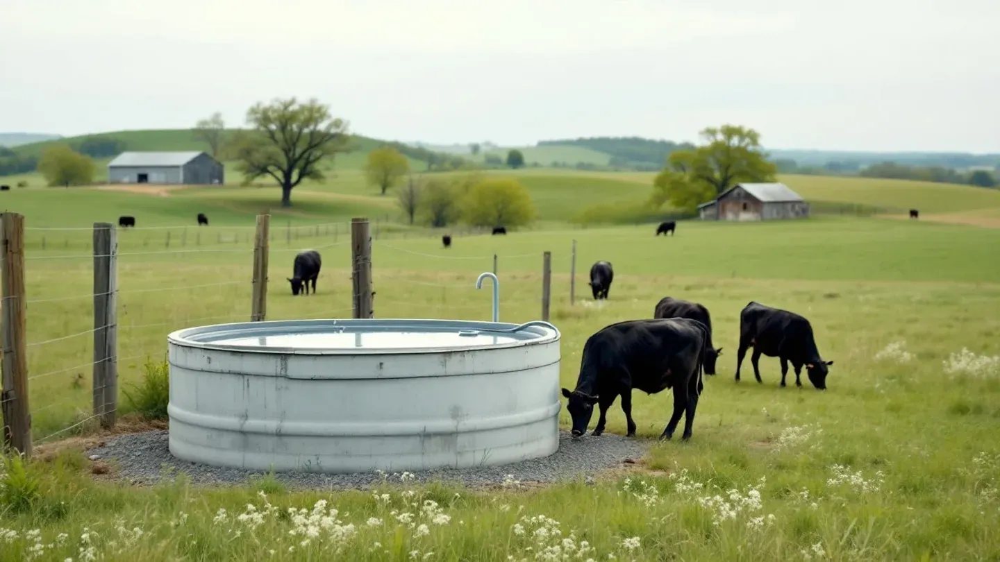 Beef cattle drink from a new round concrete water tank beside a high-tensile wire fence on a green pasture in spring.