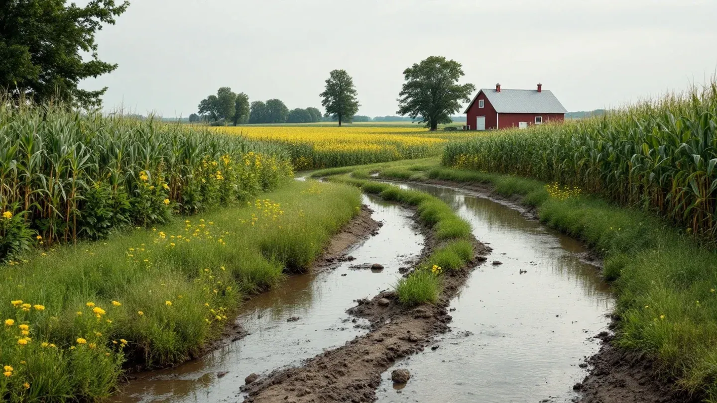 A strip of tall native grasses separates a green cornfield from a winding creek on a farm in midsummer.