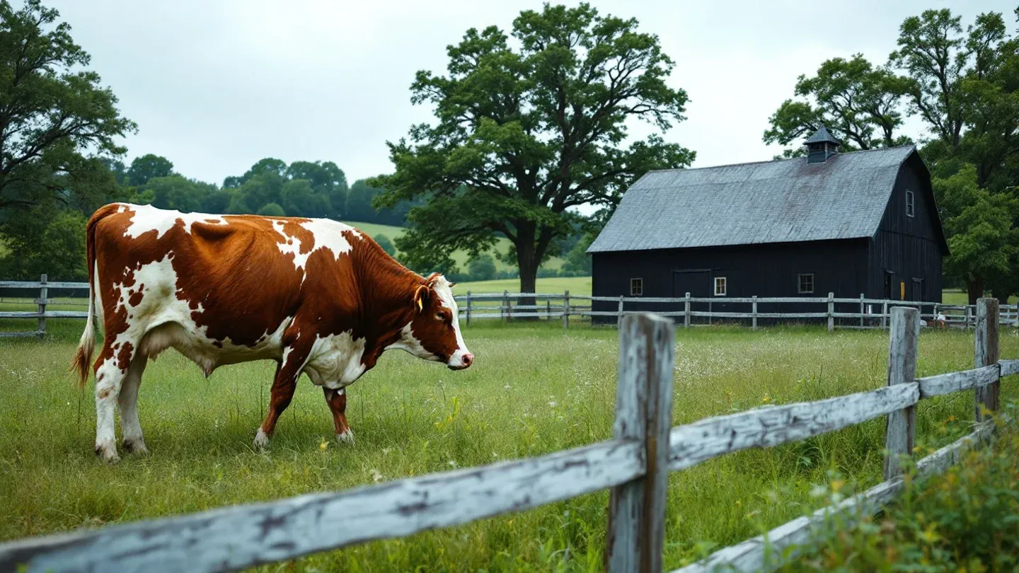 A Hereford bull grazes alone in a fescue paddock enclosed by a white board fence on a rolling farm in early summer.