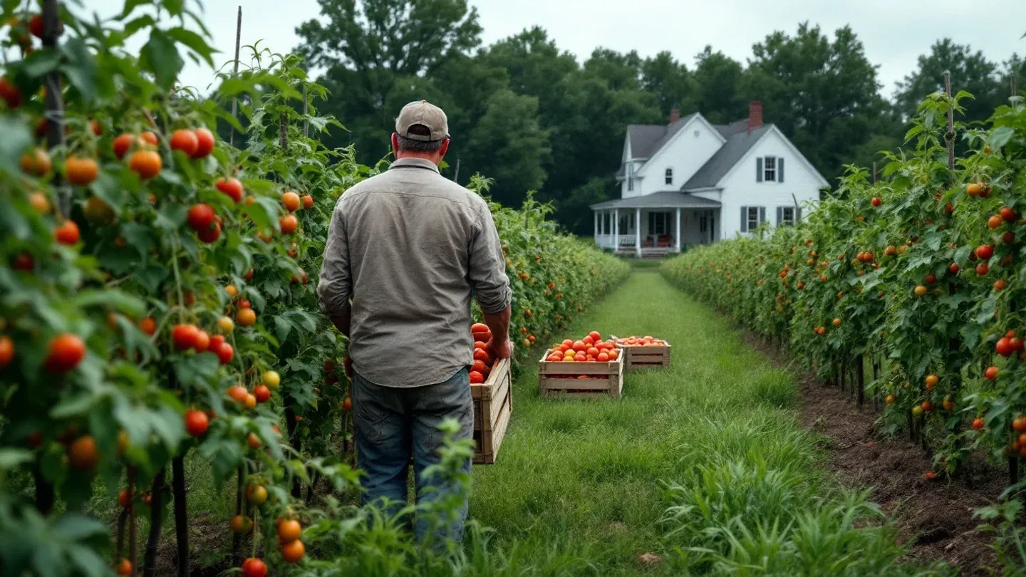 A grower seen from behind picks ripe red tomatoes from tall staked vines into a wooden crate in a field in late summer.