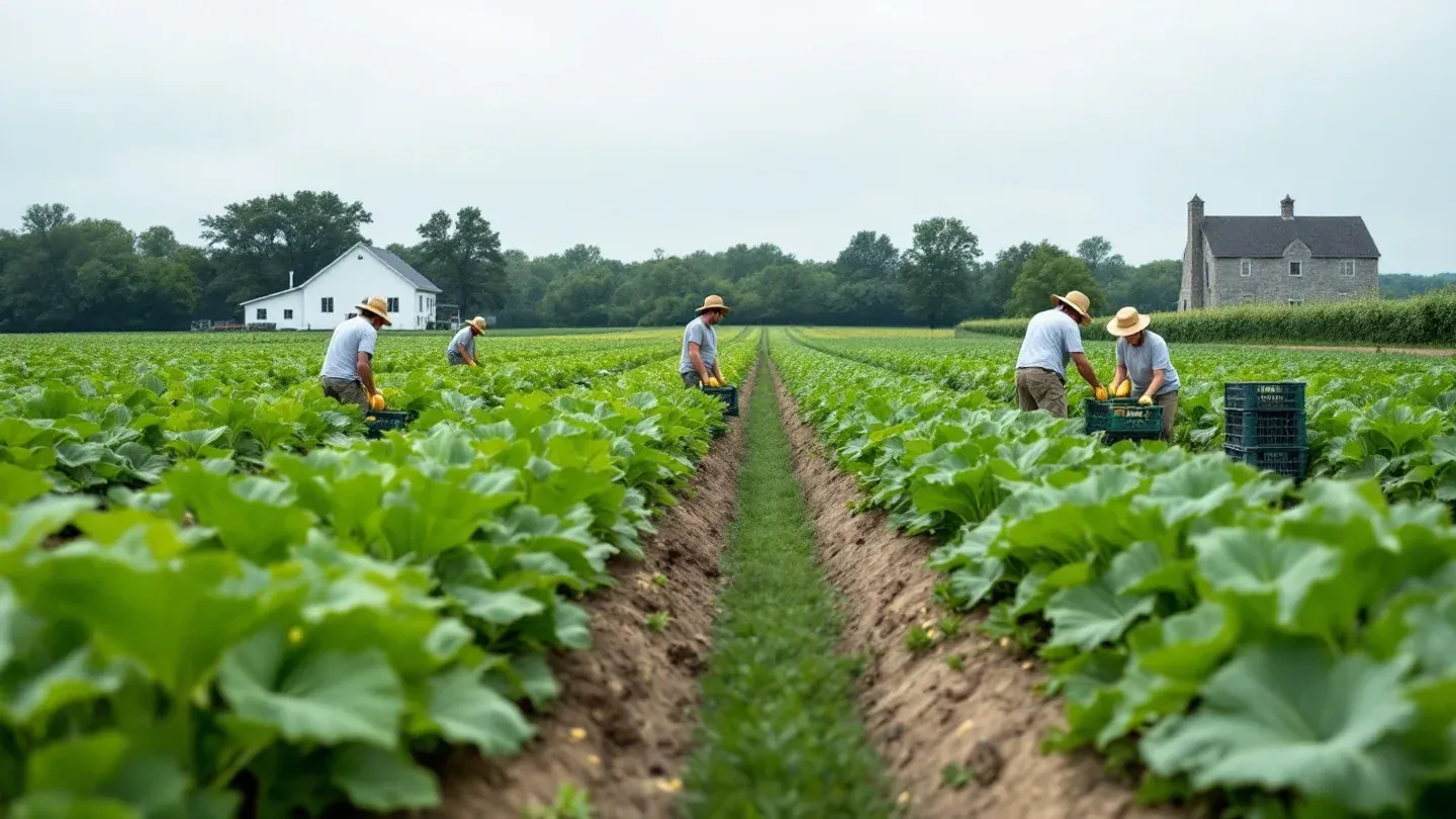 Volunteers seen from behind pick the last zucchini and yellow squash from leafy rows into crates on a farm field in early summer.