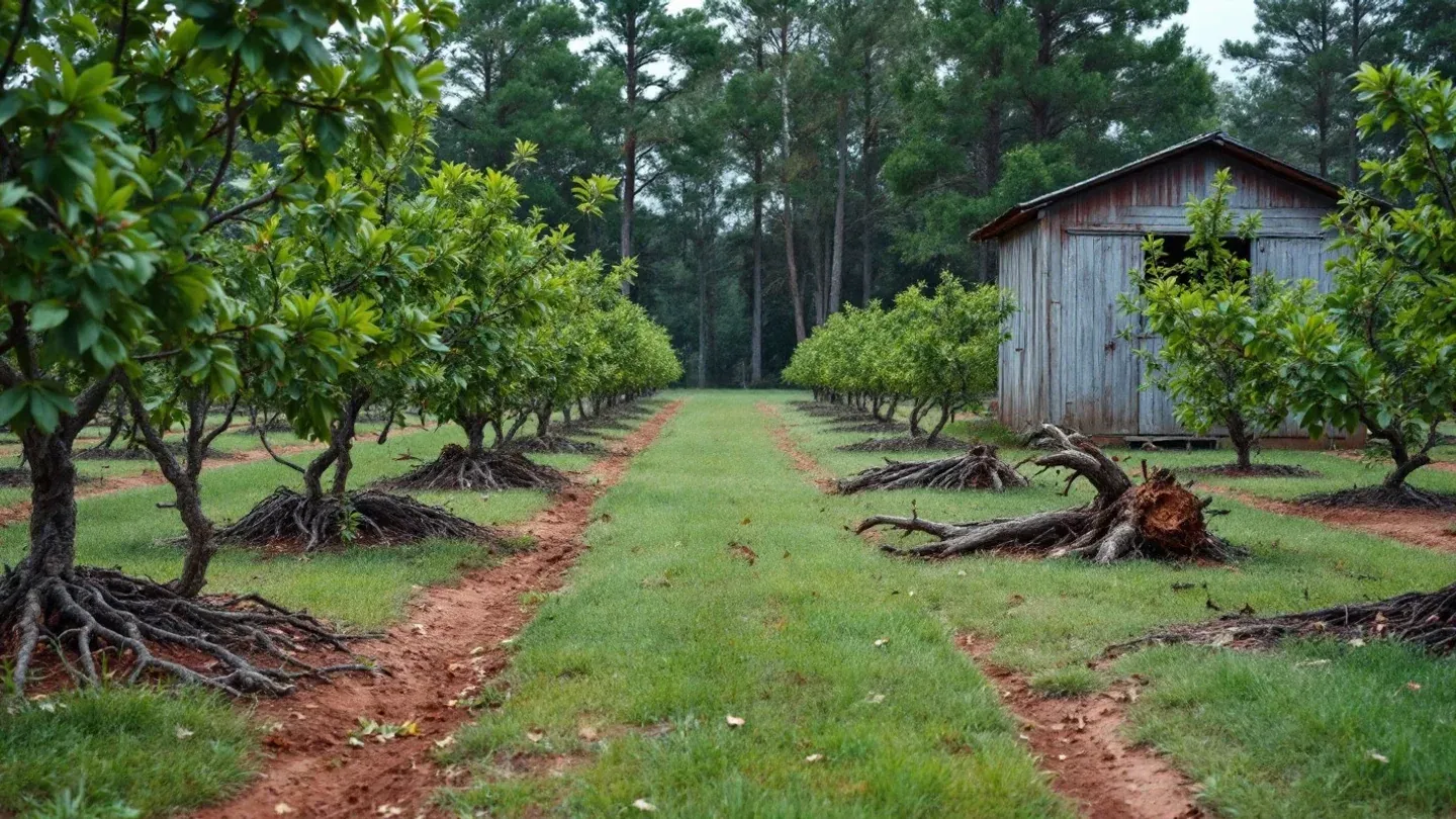 Several peach trees lie uprooted across the grassy alleys of an orchard after a summer storm, with standing trees in rows behind them.