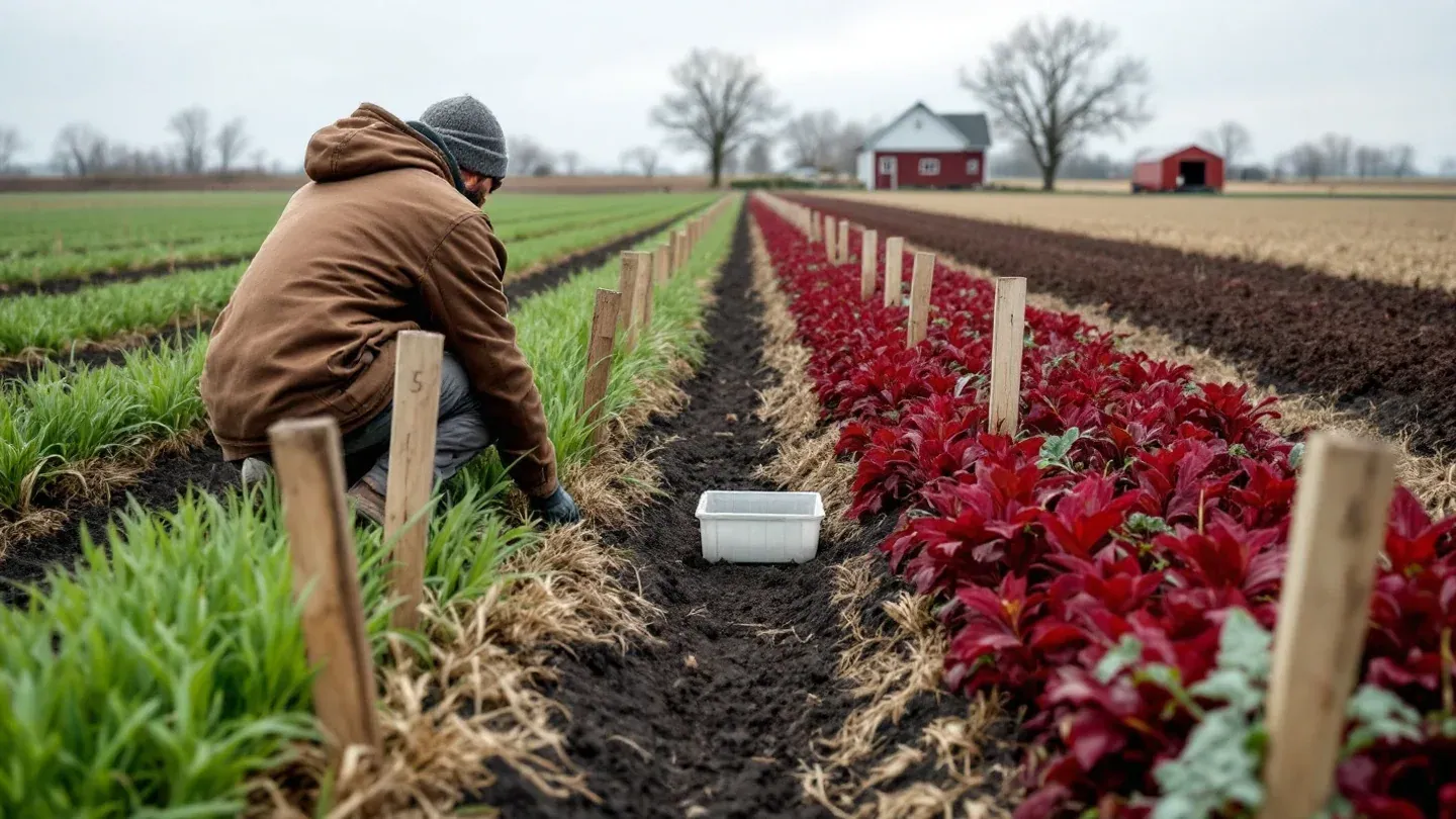 A farmer seen from behind kneels with a square sampling frame between two side-by-side strips of cover crop in an early spring field.