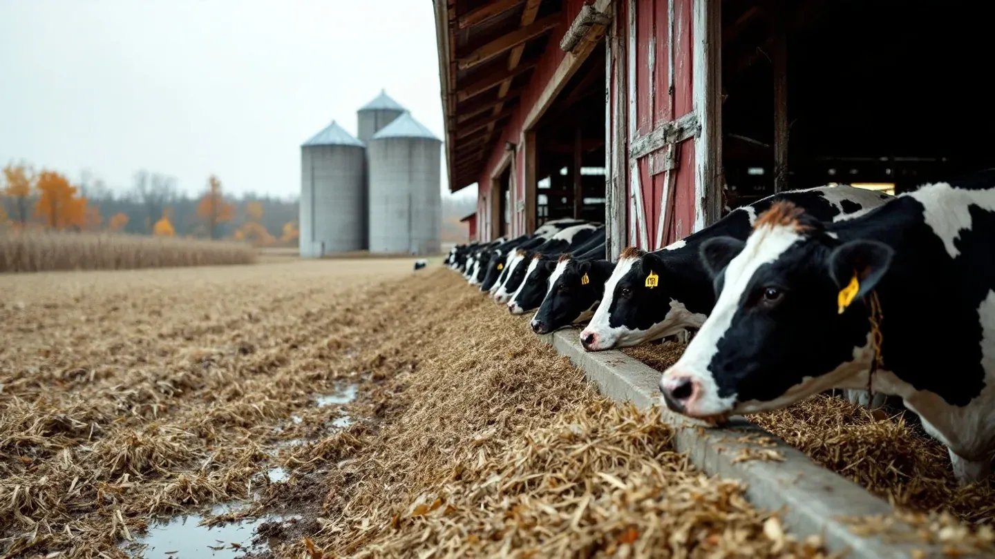 Holstein dairy cows eat at a long feed bunk under the open side of a free-stall barn on a farm in early fall.