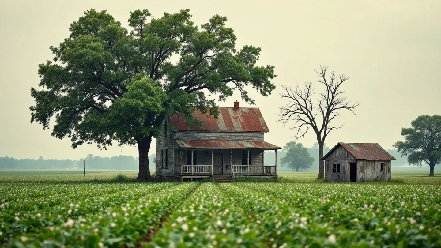 An old tin-roofed wooden farmhouse stands under pecan trees at the edge of a cotton field in late summer.