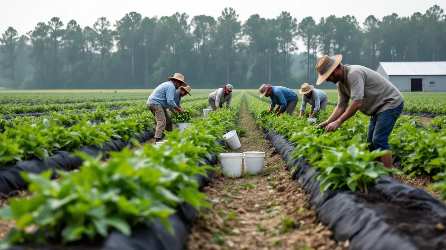 A harvest crew seen from behind picks green bell peppers into plastic buckets along long rows in a flat field in late summer.
