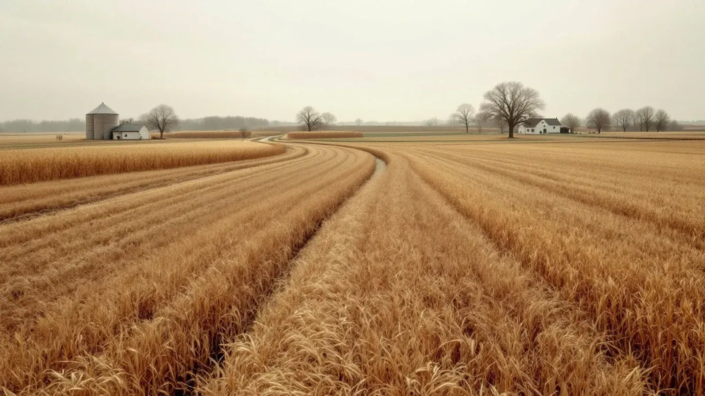 Harvested soybean stubble and standing corn stretch across flat farmland toward a row of steel grain bins in late fall.