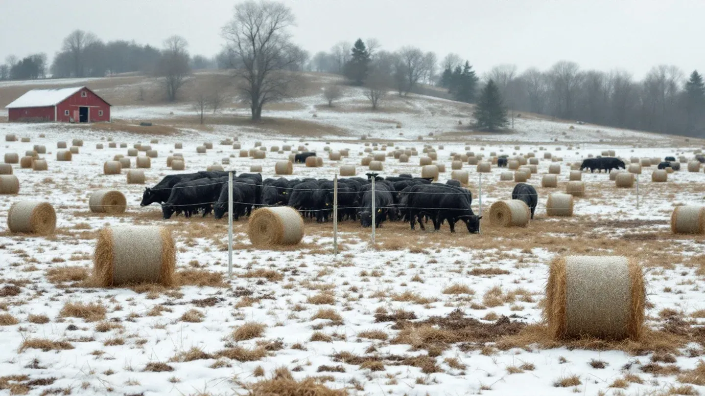 Black beef cows eat from round hay bales set out in a wide grid on a snow-dusted pasture behind a single electric wire in winter.