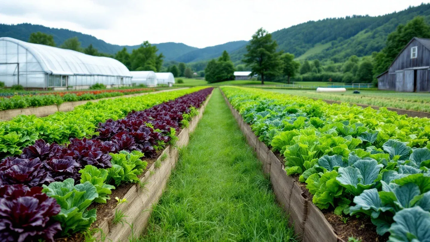 Long beds of lettuce, kale, carrots and onions in different stages of growth fill a small vegetable field in midsummer.