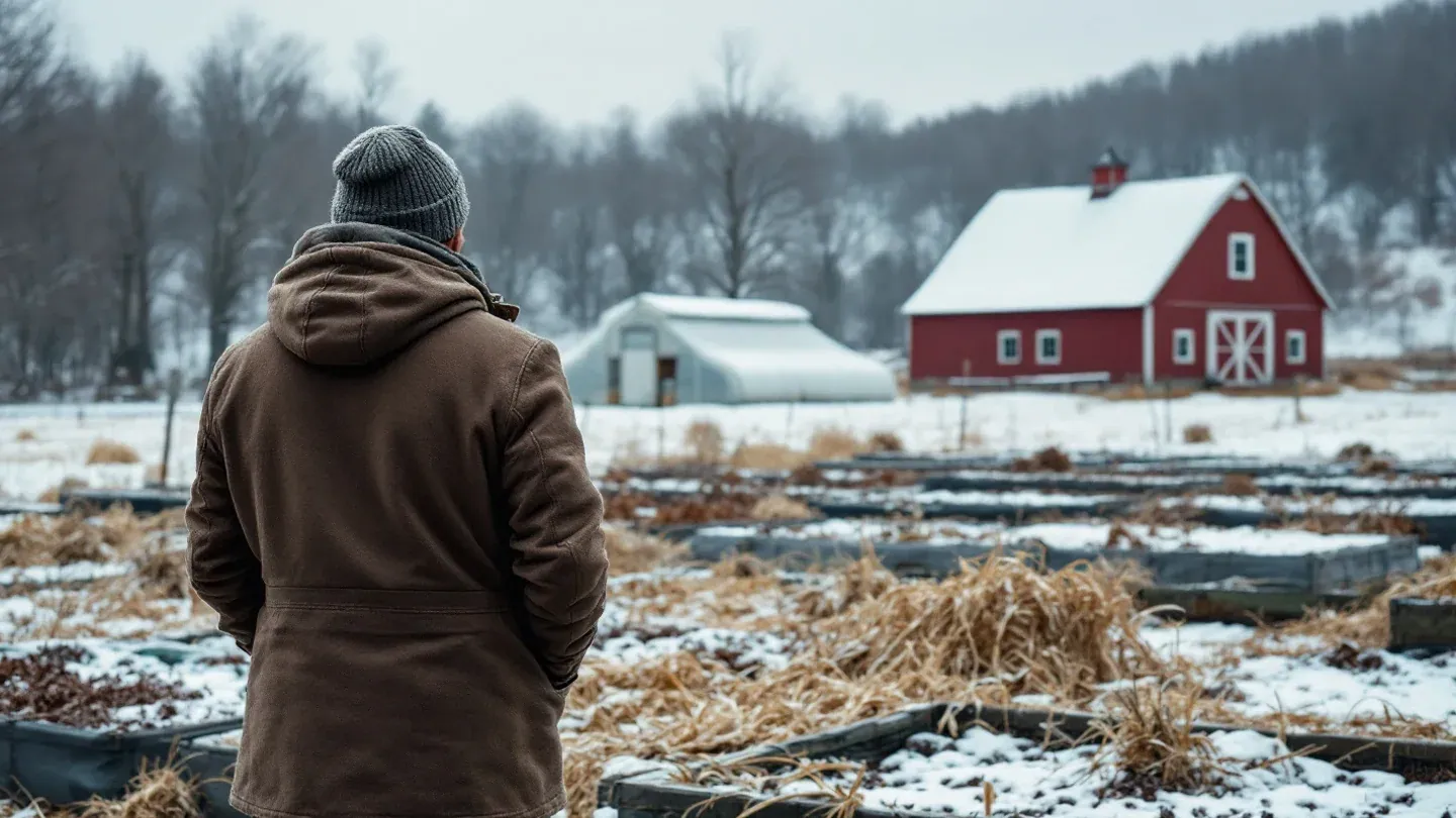 A farmer in a wool coat, seen from behind, stands at the edge of snow-dusted vegetable beds on a small Vermont farm with a high tunnel and a red barn beyond.