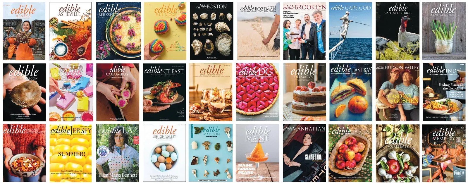 Edible Communities: Grid of 30 regional Edible magazine covers from 2025 (Edible Alaska to Edible Memphis) with food, farm and portrait photography.