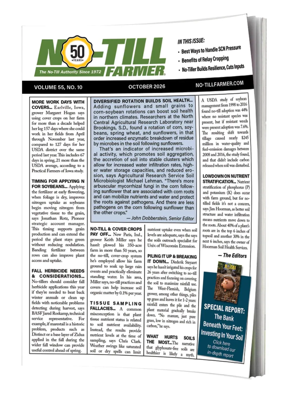 No-Till Farmer: Publisher mock-up of the October 2026 issue of No-Till Farmer (Volume 55, No. 10) with a curled page edge, showing the 50-years masthead and front-page news columns.
