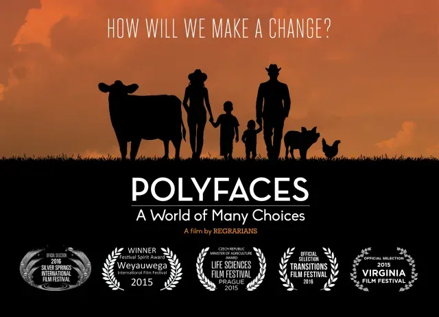 Polyfaces (2015): Official Polyfaces promotional postcard from the film's Promo Elements page: silhouettes of a family, a cow, a pig and a hen against an orange sky under 'How will we make a change?', the title and festival laurels, without review quotes.