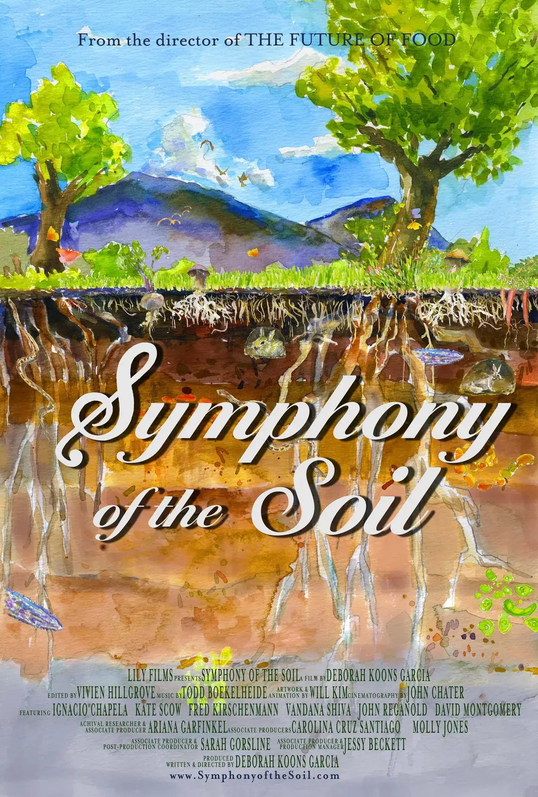 Symphony of the Soil (2012): Official poster for Symphony of the Soil: a watercolour landscape of trees and hills above a soil cross-section full of roots and creatures, with the title in white script.