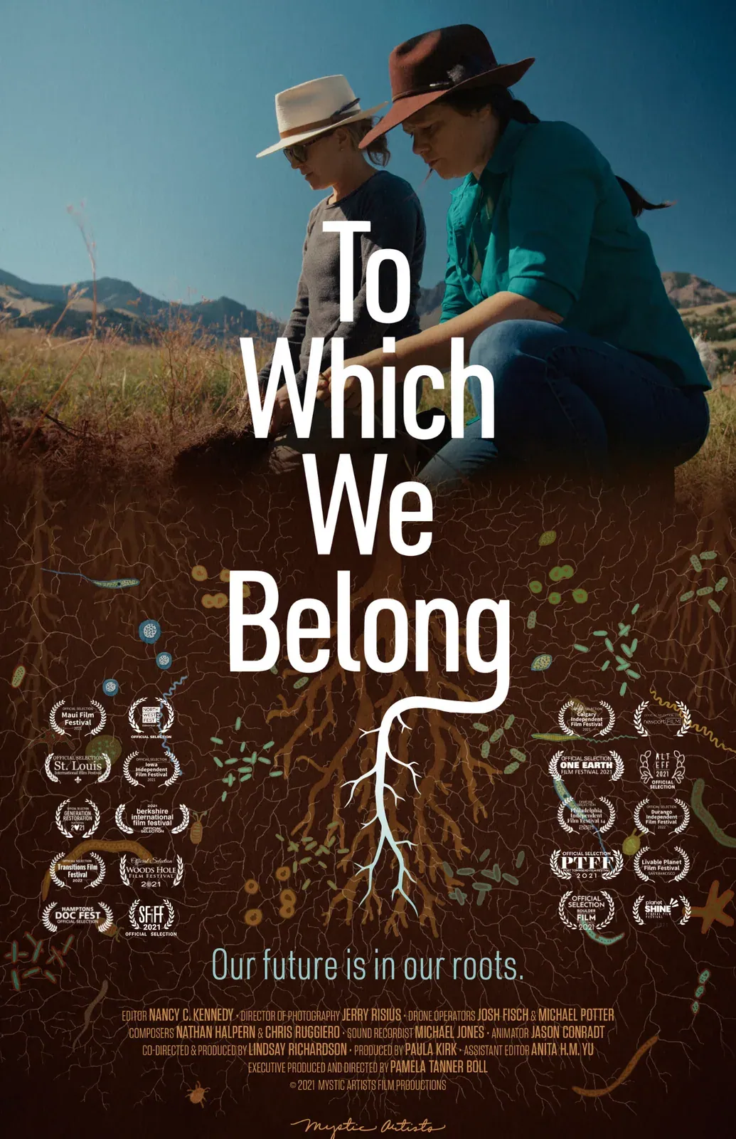To Which We Belong (2021): Official poster for To Which We Belong: two women in hats kneeling in a field above an illustrated soil cross-section with roots, festival laurels and credits.