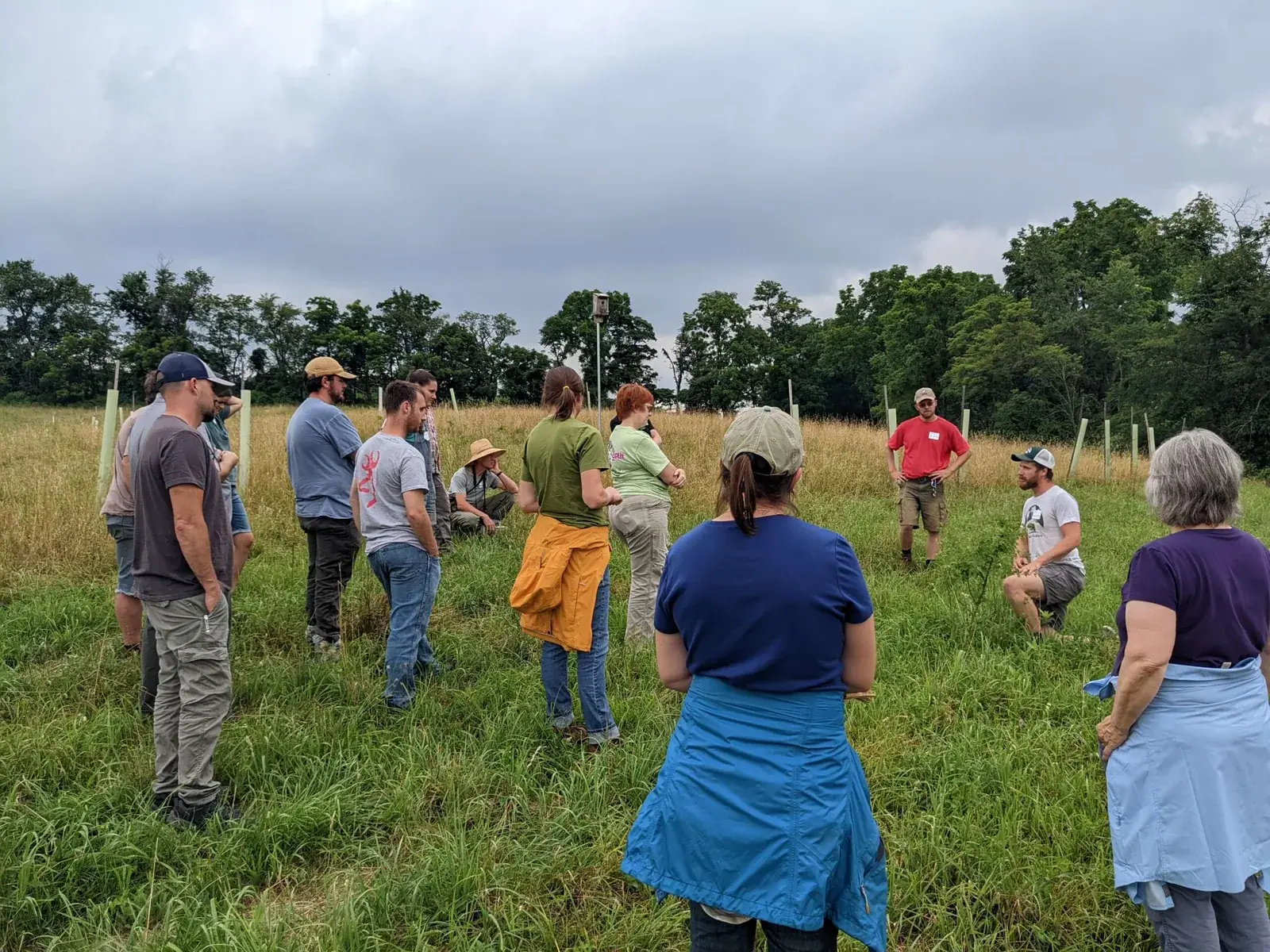 Pasa Sustainable Agriculture: Farmers gather in a grassy field with young tree plantings during a Pasa agroforestry training session.