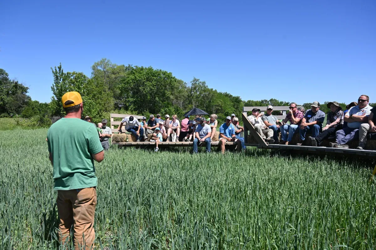 Practical Farmers of Iowa: A farmer in a small-grain field addresses a hay-wagon full of attendees during a Practical Farmers of Iowa field day.