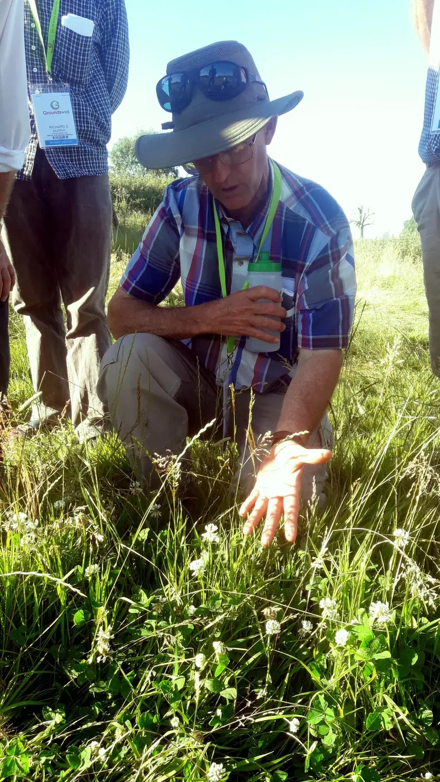 Greg Judy: Greg Judy in a wide-brimmed hat kneeling in a clover and grass sward, pointing to the plants while explaining them on a pasture walk.