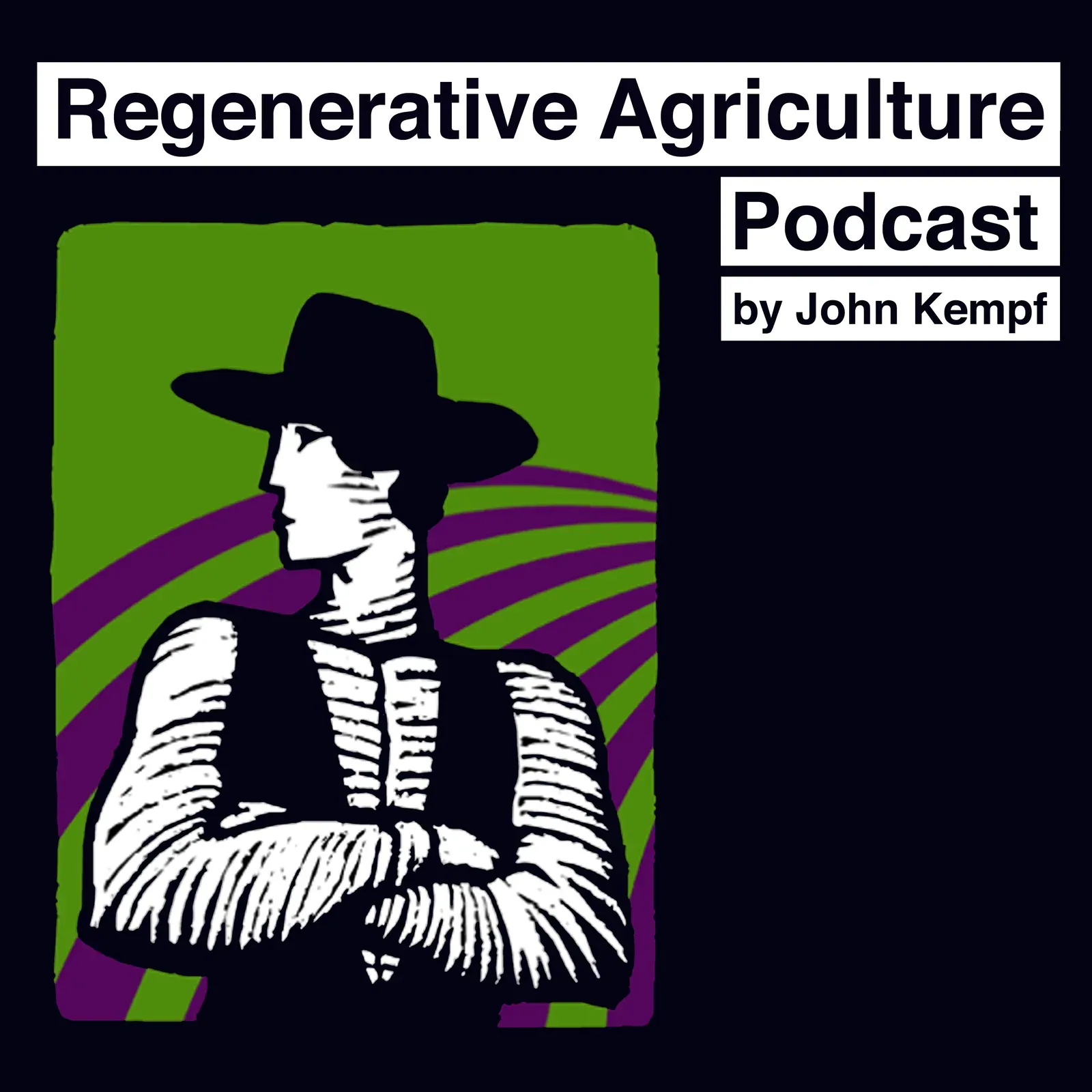 Regenerative Agriculture Podcast: Official cover art of the Regenerative Agriculture Podcast by John Kempf: woodcut-style farmer figure with the show title (itunes:image of the official feed).