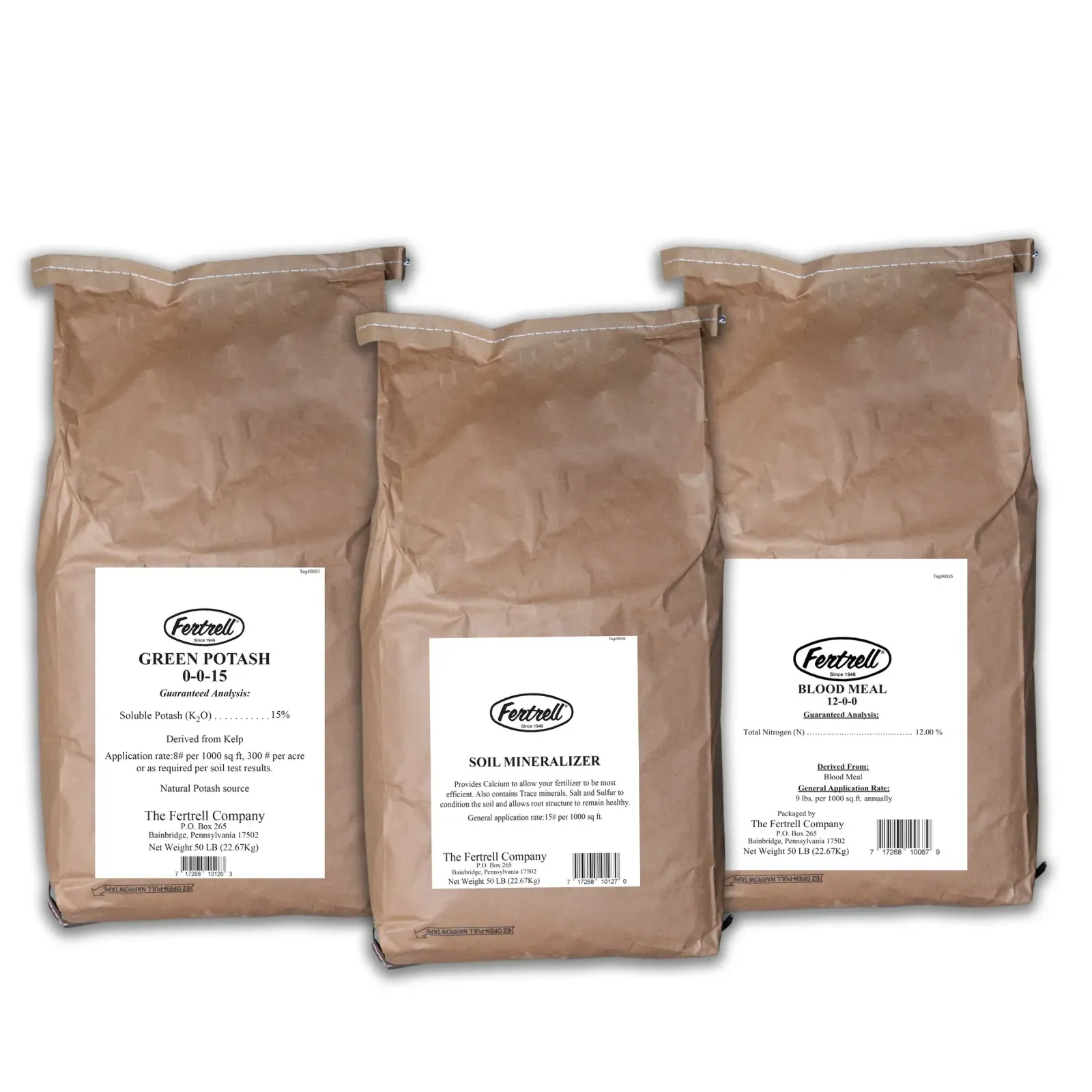 The Fertrell Company: Three Fertrell soil amendment bags (Green Potash 0-0-15, Soil Mineralizer, Blood Meal 12-0-0) in kraft paper with Fertrell labels, on white.