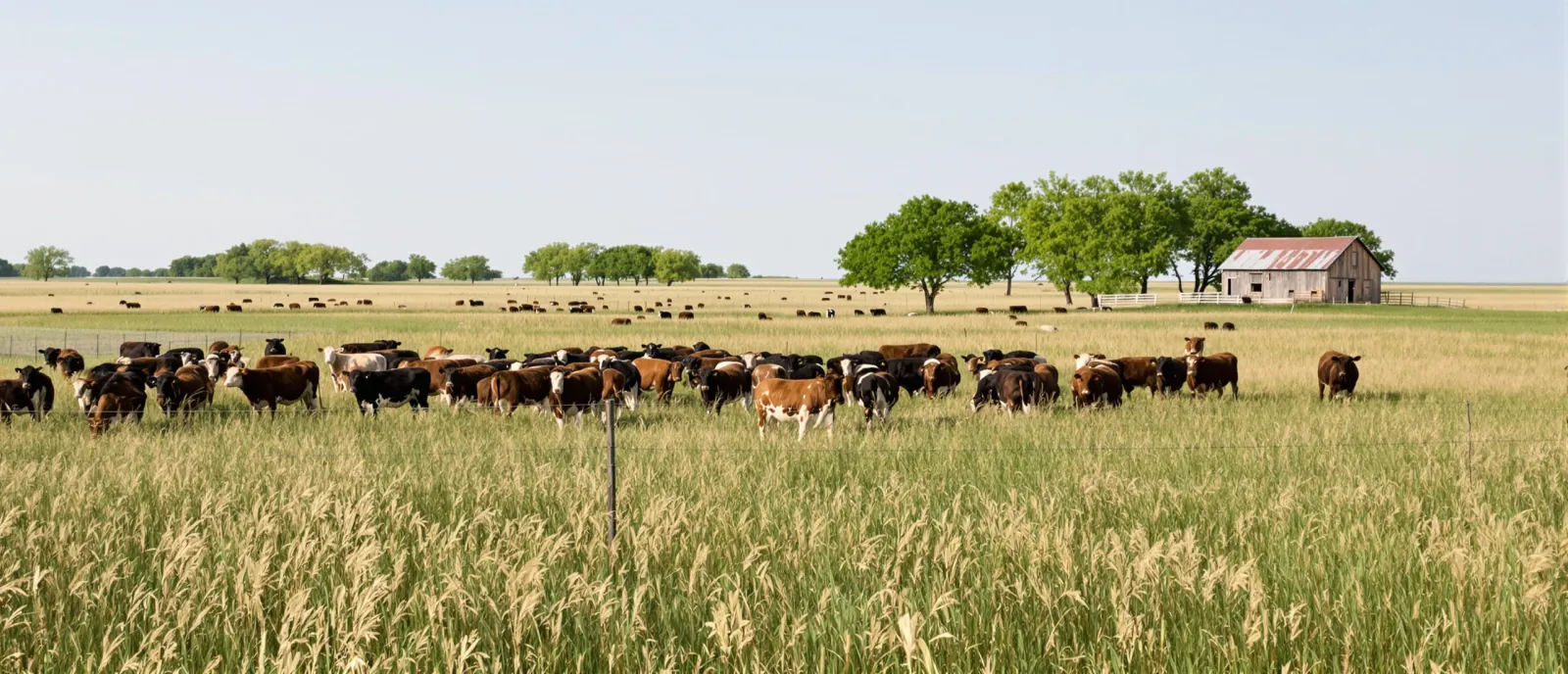 Cattle grazing a fenced paddock of tall mixed pasture on a Great Plains ranch under a wide overcast sky.