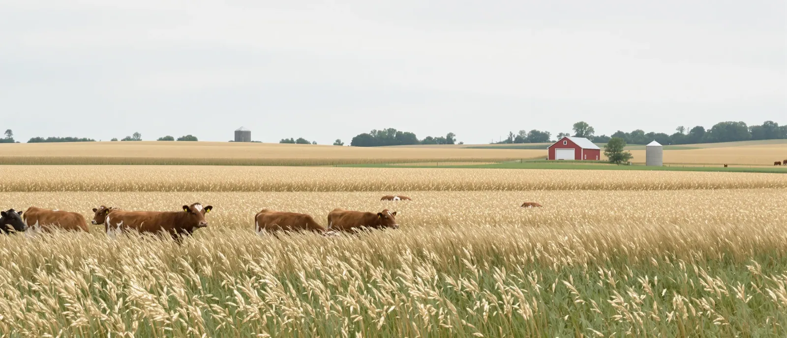 Cattle grazing a tall-grass paddock beside a strip of ripening grain on a Midwestern farm under flat daylight.