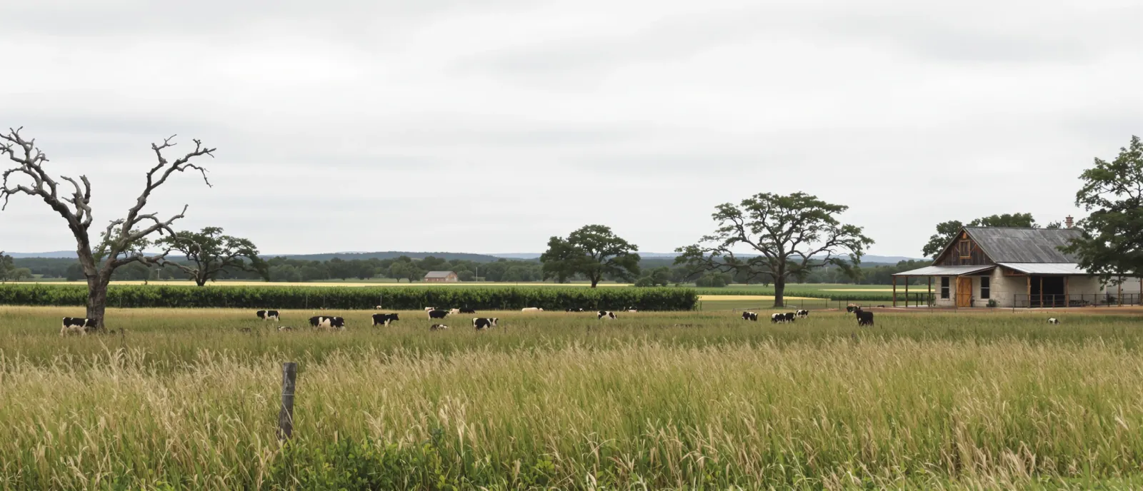 Wide view of a Texas Hill Country farm: cattle grazing a fenced pasture of tall mixed grasses, a cover-cropped field and a vegetable plot in front, live oaks and a weathered barn beyond under a flat overcast sky.