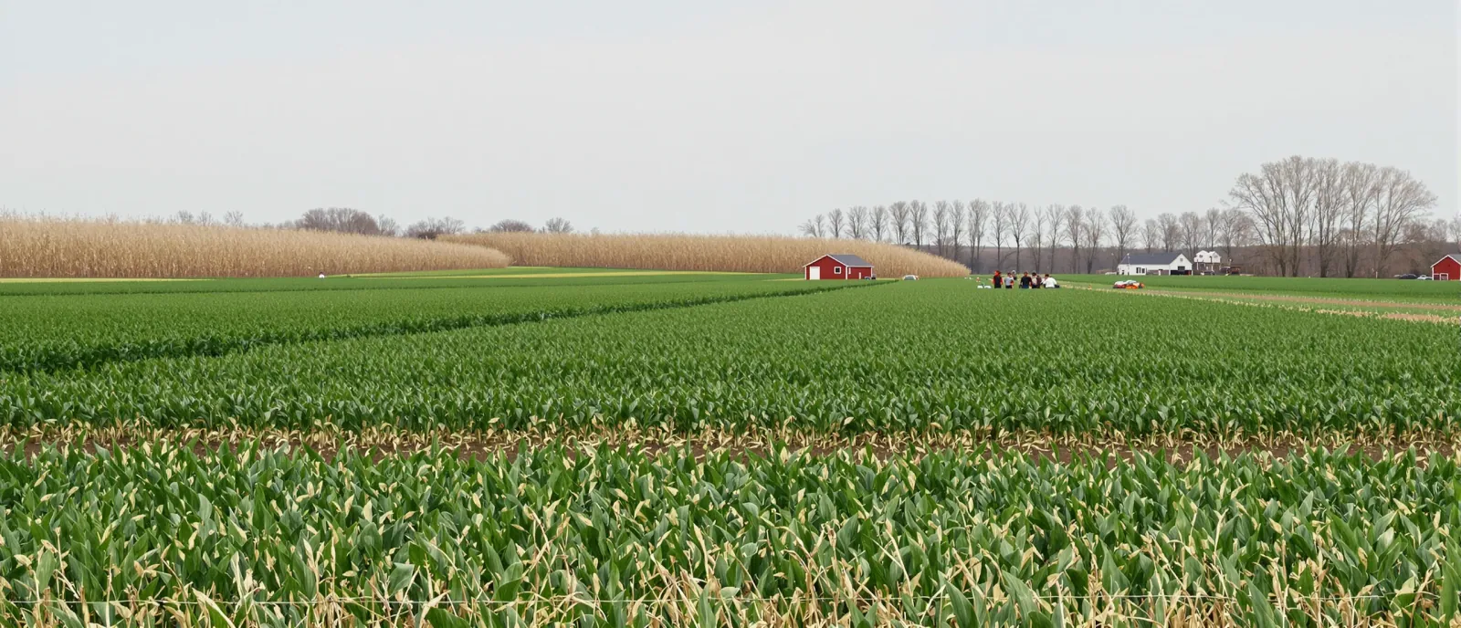 Wide view of a Midwest farm field drilled into a green cover crop, with a group of farmers seen from behind at an open soil pit on the field edge.