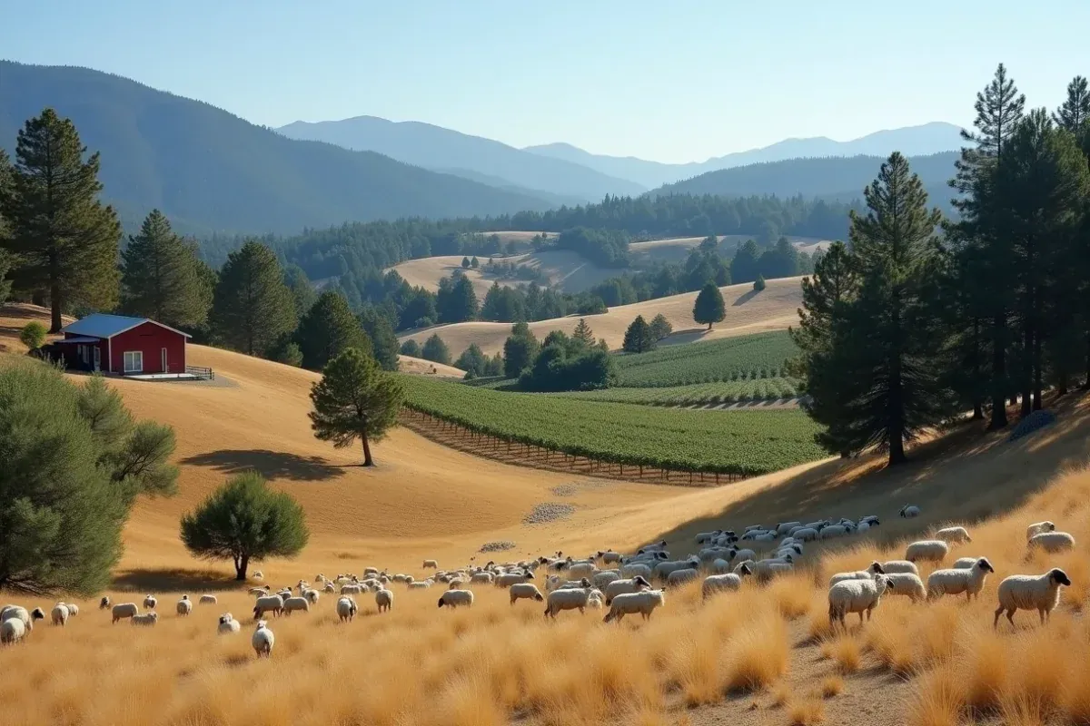 Sheep grazing a terraced oak pasture beside a cover-cropped orchard in the Sierra foothills.