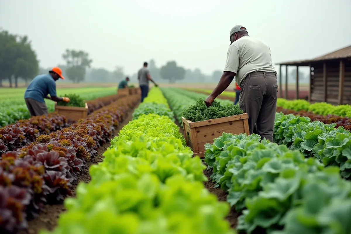 Diverse vegetable rows with flowering hedgerows on a California farm, workers seen from behind.