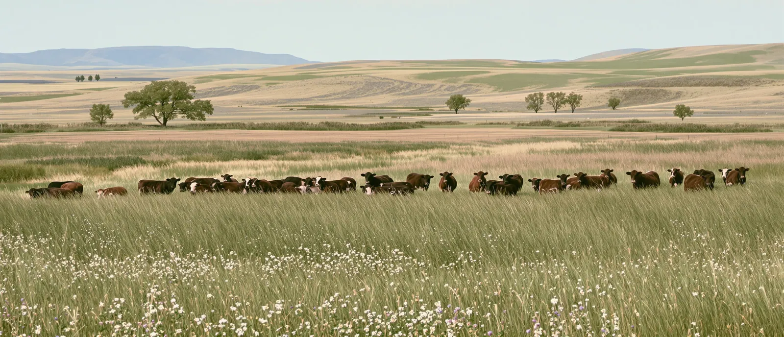 Wide view of cattle grazing a tall, diverse paddock on the northern Great Plains behind a temporary fence line, with a rested paddock of taller grass beyond.