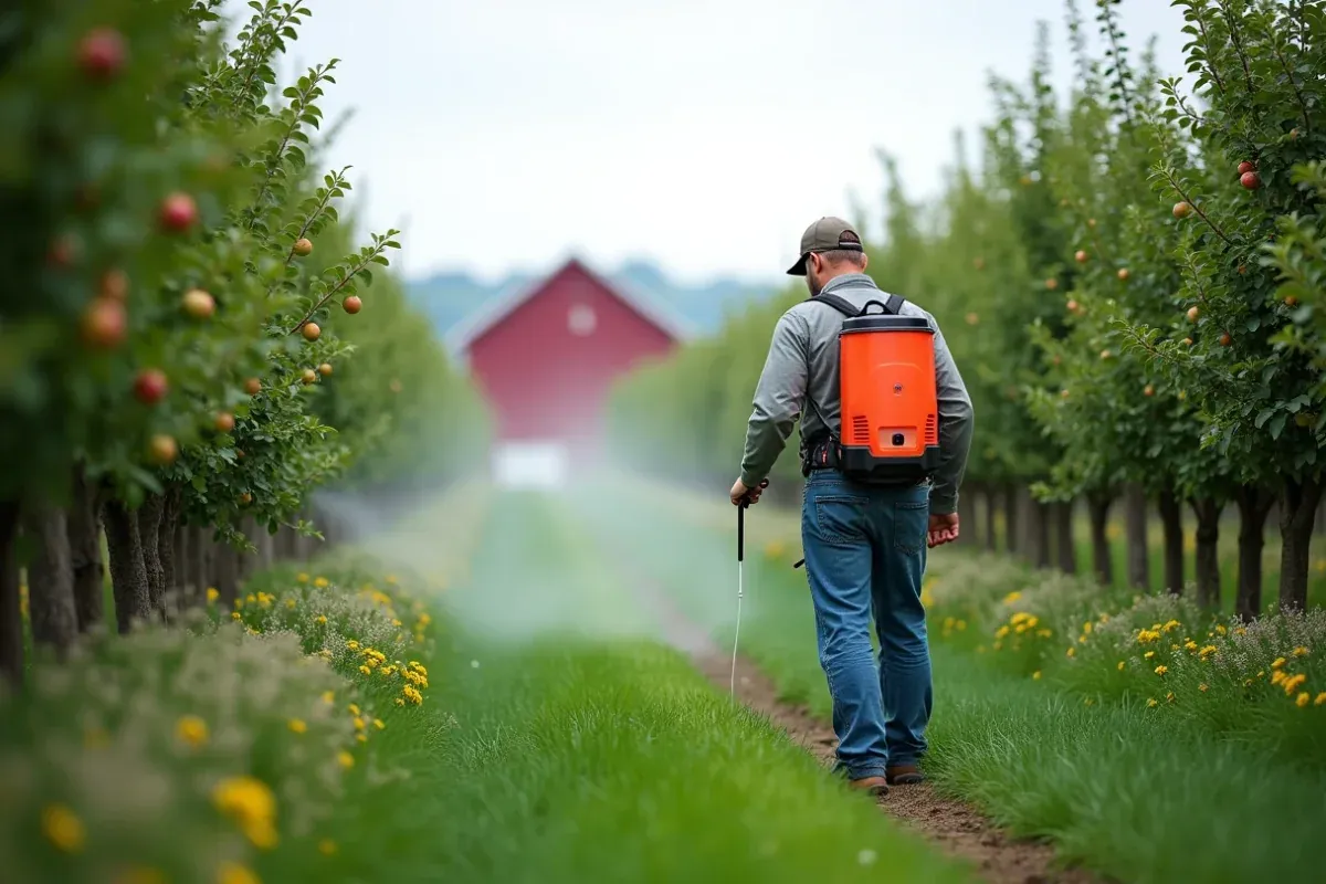 A grower seen from behind applying a fine foliar spray to young apple trees in an Ohio orchard with a flowering groundcover between rows.