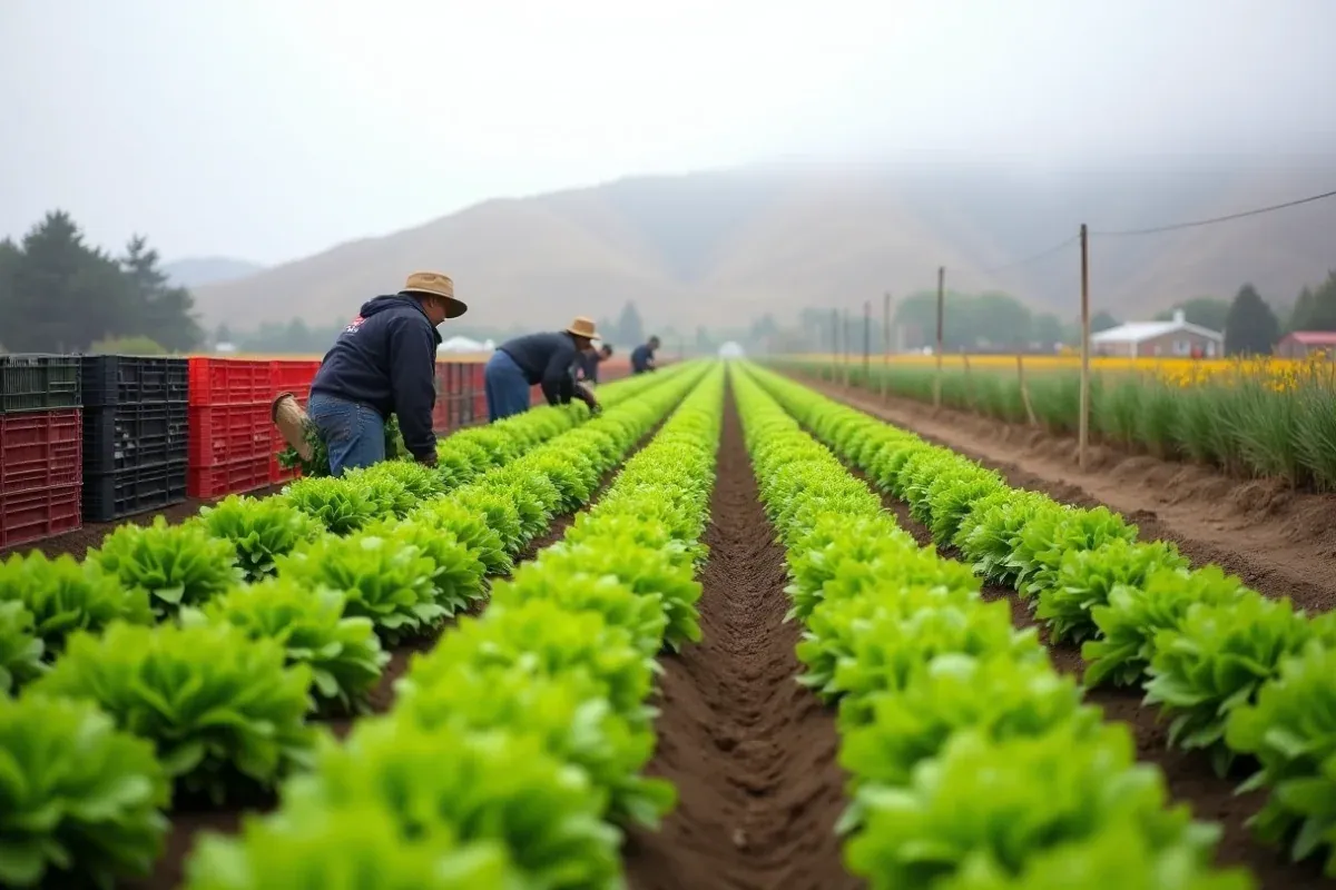A farm crew seen from behind harvests lettuce on a California Central Coast vegetable farm with coastal hills behind.