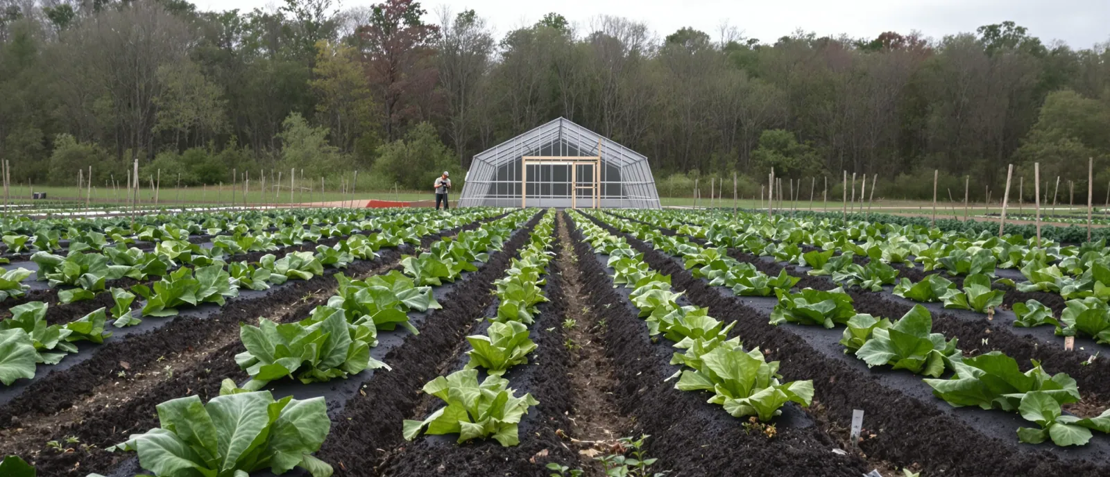 A grower seen from behind films long beds of lettuce in a Kentucky market garden with a small camera on a tripod at midday.