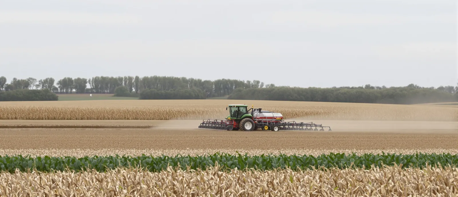 A no-till drill seeding a cover crop into corn stubble on a rolling Nebraska field under flat daylight.