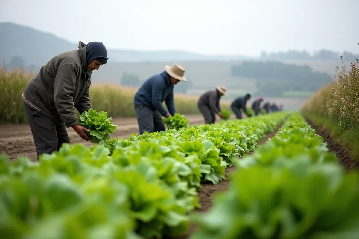 Farmworkers harvesting lettuce in a California organic vegetable field bordered by a flowering hedgerow.